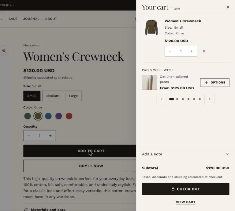 The cart drawer open beside a product page, showing the added item, a Pairs well with recommendation, an order note, the subtotal and Check out