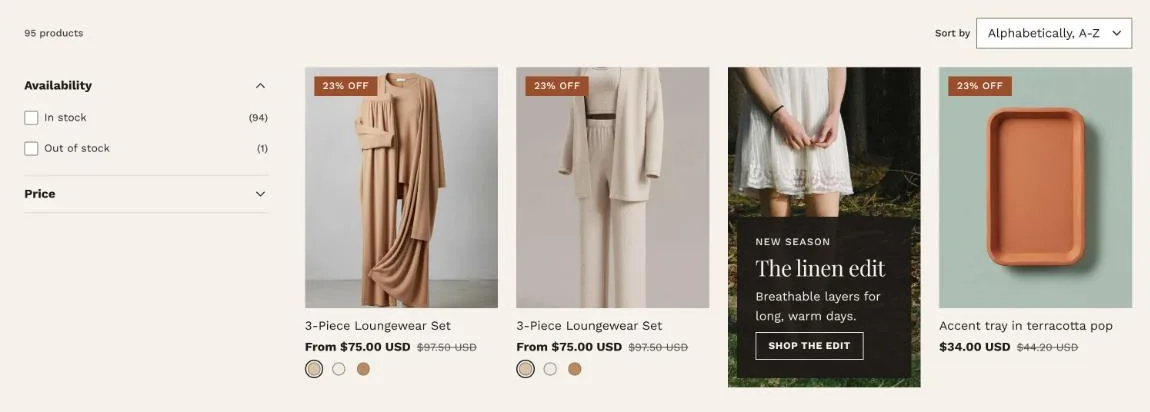 A collection page with availability and price filters in a sidebar, a sort menu, product cards with sale badges and swatches, and a promo tile in the grid