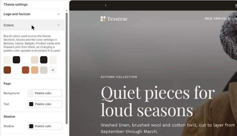 Theme settings → Colors showing the palette swatches and the page background, text and shadow colours, each set to a palette colour