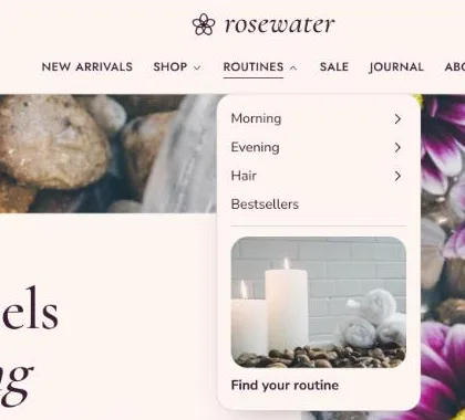 A dropdown menu with Morning, Evening and Hair sub-menus and a Find your routine promo image at the bottom