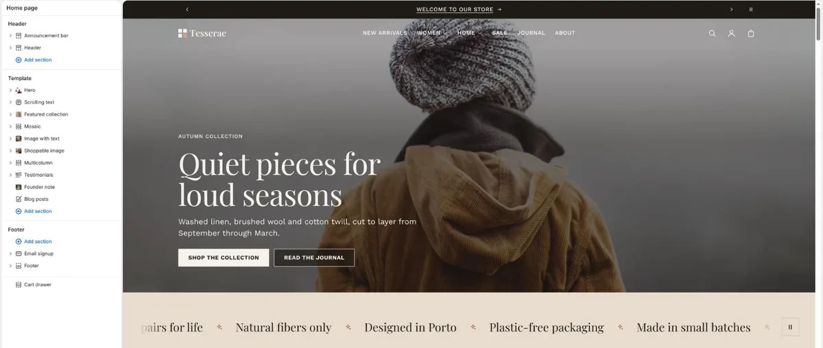 The theme editor with the home page sections listed on the left and a live preview of the Tesserae home page on the right