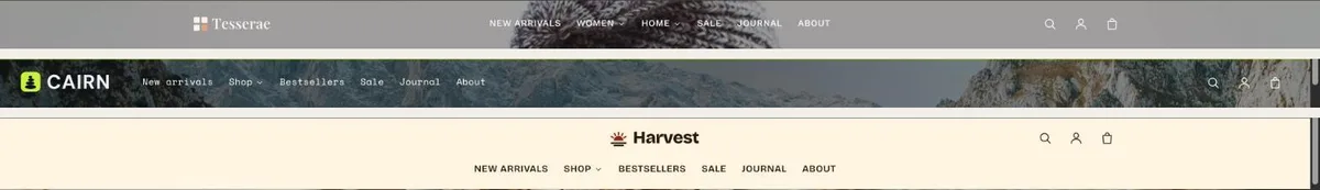 Three header layouts from the demo stores: logo start with the menu centred, logo start with the menu inline, and a centred logo with the menu below