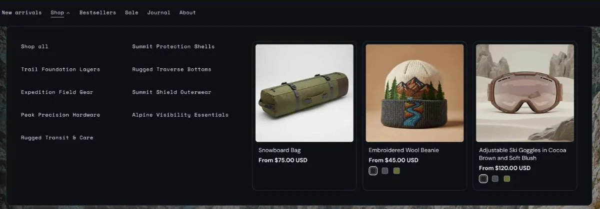 A mega menu with link columns on the left and three product cards with prices and swatches on the right