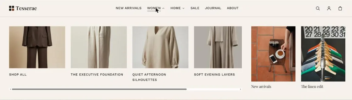 A mega menu with a row of collection images, each above its link, and two promotion images on the right