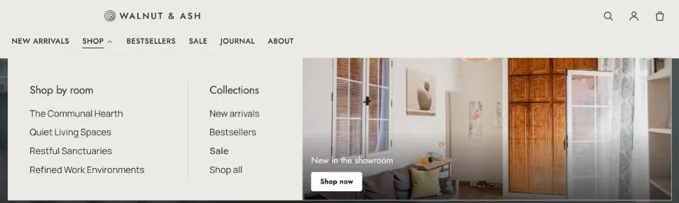 A content-width mega menu with Shop by room and Collections headings, links under each, a highlighted Sale link and a promotion image