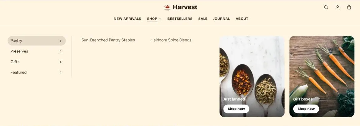 A mega menu with Pantry, Preserves, Gifts and Featured tabs on the left, the open tab's links beside them and two promotion images with text overlays