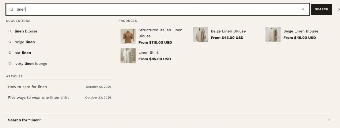 Search suggestions for linen: suggested searches, matching products with prices and matching articles with dates