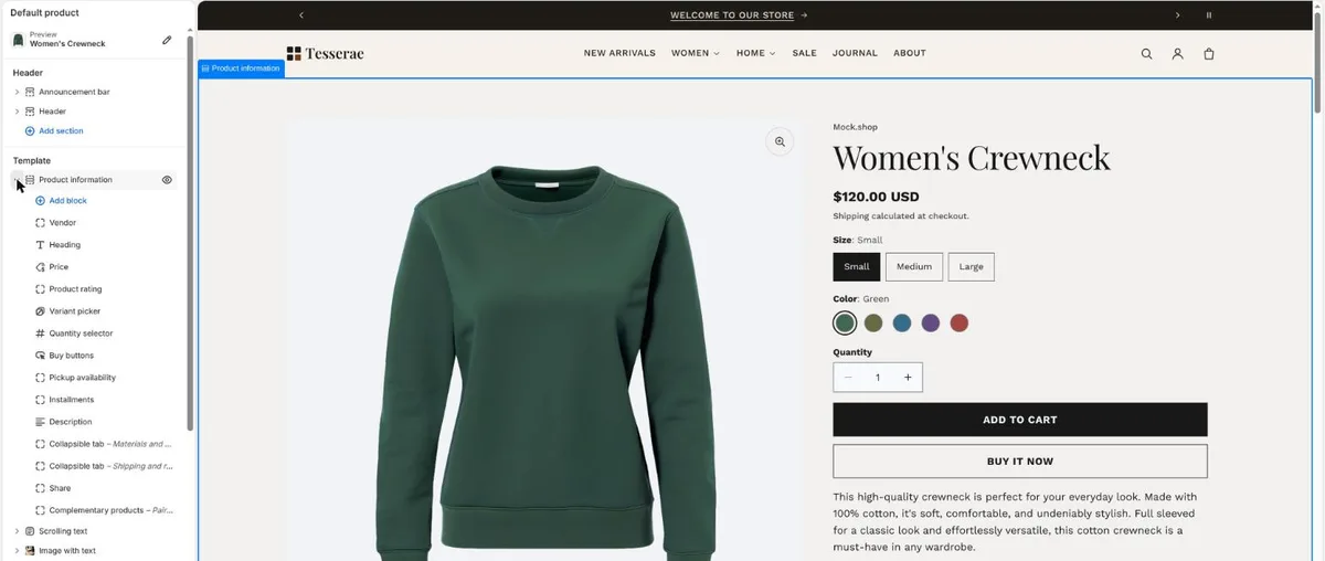The Product information section in the theme editor with its blocks listed: Vendor, Heading, Price, Product rating, Variant picker, Quantity selector, Buy buttons and more