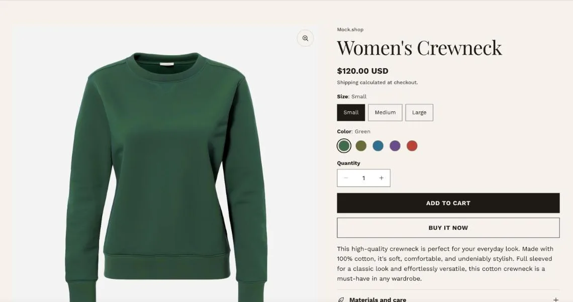 A product page with the gallery on the left and vendor, title, price, size buttons, colour swatches, quantity and buy buttons on the right