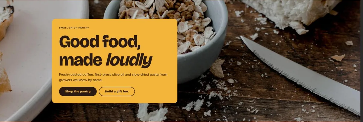 A hero image with its heading, text and buttons on a solid mustard panel so they stay readable over the photo
