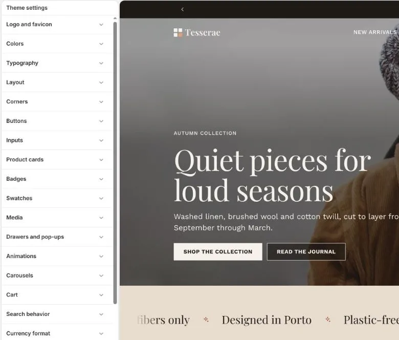 Theme settings in the theme editor: Logo and favicon, Colors, Typography, Layout, Corners, Buttons and the other setting groups