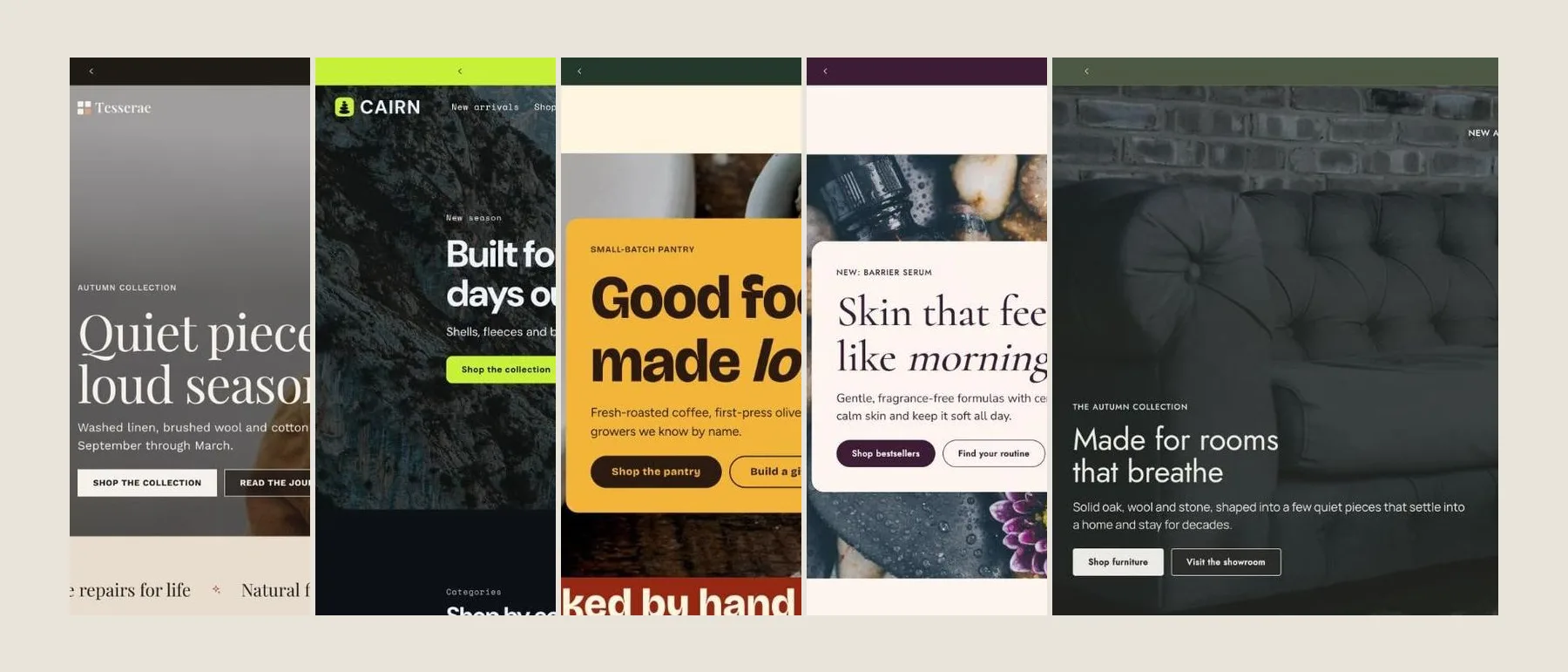 The home pages of Tesserae's five demo stores side by side: Tesserae, Cairn, Harvest, Rosewater and Walnut, each in its own type and colour